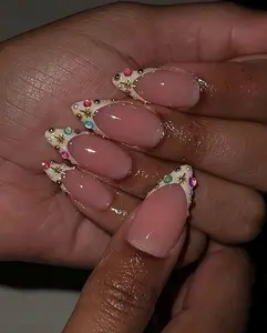 Rhinestone French Tip Press On Nails, Gel Nails In Medium Almond, Glue, False, Birthday Wedding Prom Nails, Gift for Her