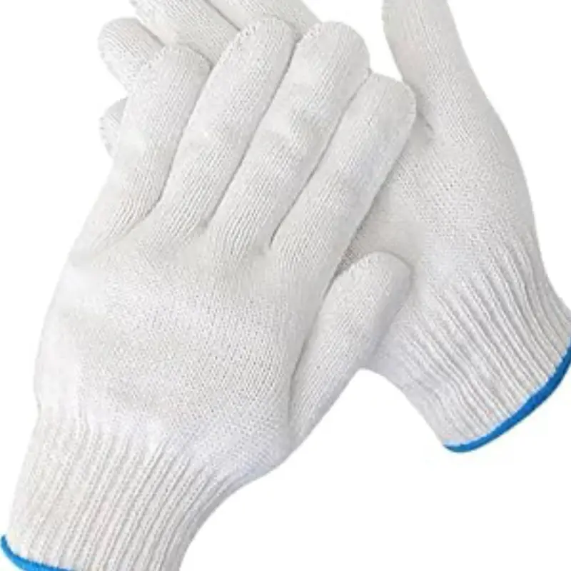String Knit Bleach Work Gloves - 12 Pairs, White with Blue Detail, Comfortable Fit, Durable Design, Construction Gear