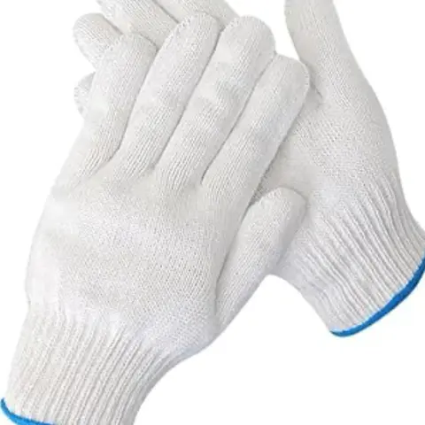 Hand-Knit Men's Anti-Wear Protective Work Gloves - 12 Pairs, White with Blue Details, Snug Lightweight No-Slip Fit, Durable Design, Breathable, Construction Accessories, Always Ready General Maintenance Gear
