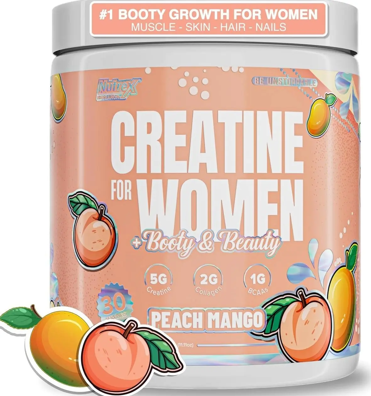 Nutrex Research Creatine for Women Booty & Beauty – Peach Manago | 5g Creatine, 2g Collagen, BCAAs & Hyaluronic Acid for Glutes, Strength & Skin | Gluten Free, 30 Servings