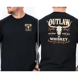 Outlaw Whiskey Bull Skull Double-Sided T-Shirt, Western Cowboy Tee