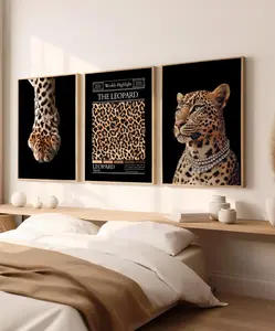 Black Set of 3 Chic Leopard Wall Art Cheetah Print Newspaper Wall Art Luxury Dorm Art Trendy Animal