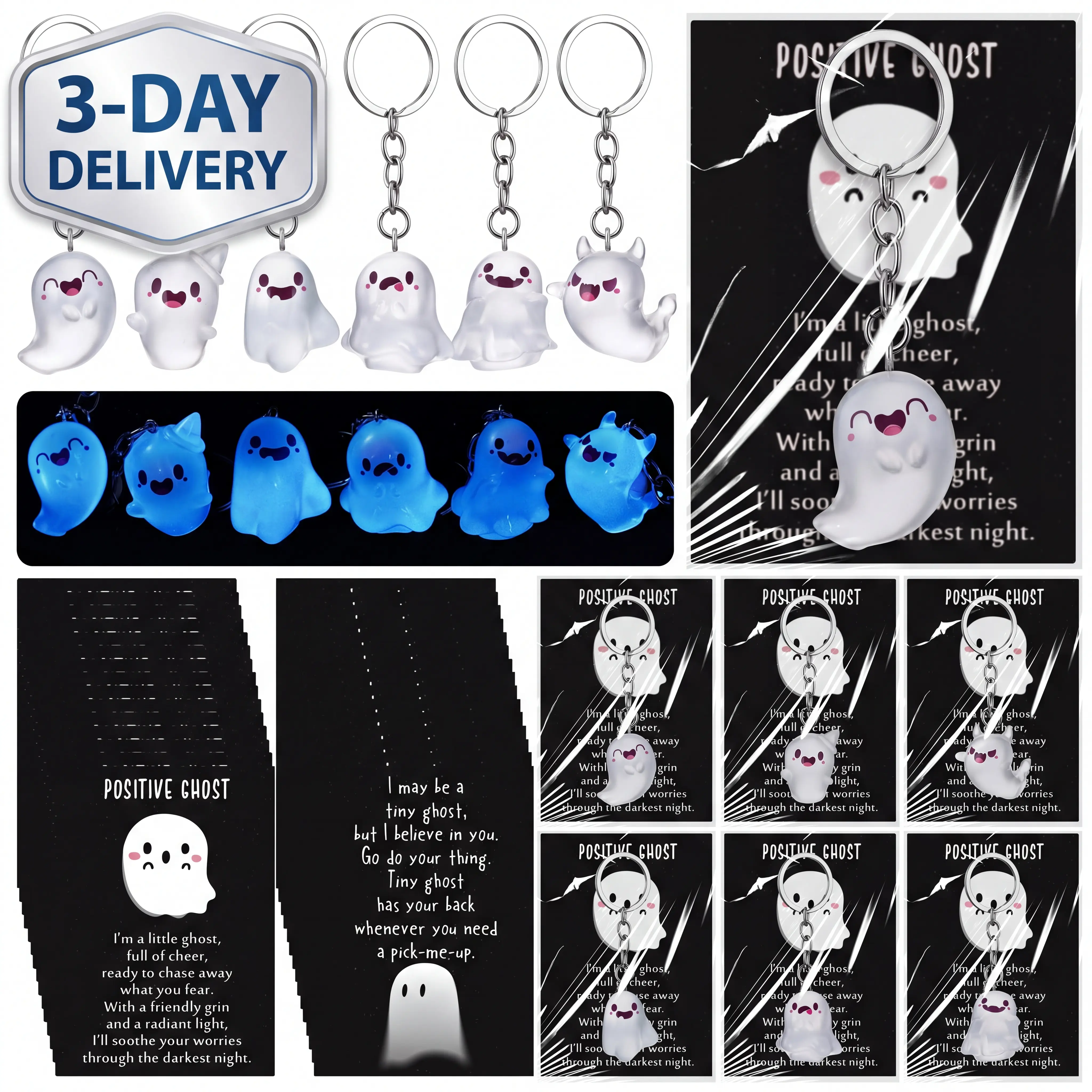 12/20/24 Pack Halloween Glow Ghost Keychains with Positive Cards & Gift Bags,Glow in the Dark Resin Figurine Ghost, Halloween Classroom Treats, Boo Basket Stuffers, Trick or Treat Gifts and Party Favors for Kids, Students, Friends & Coworkers