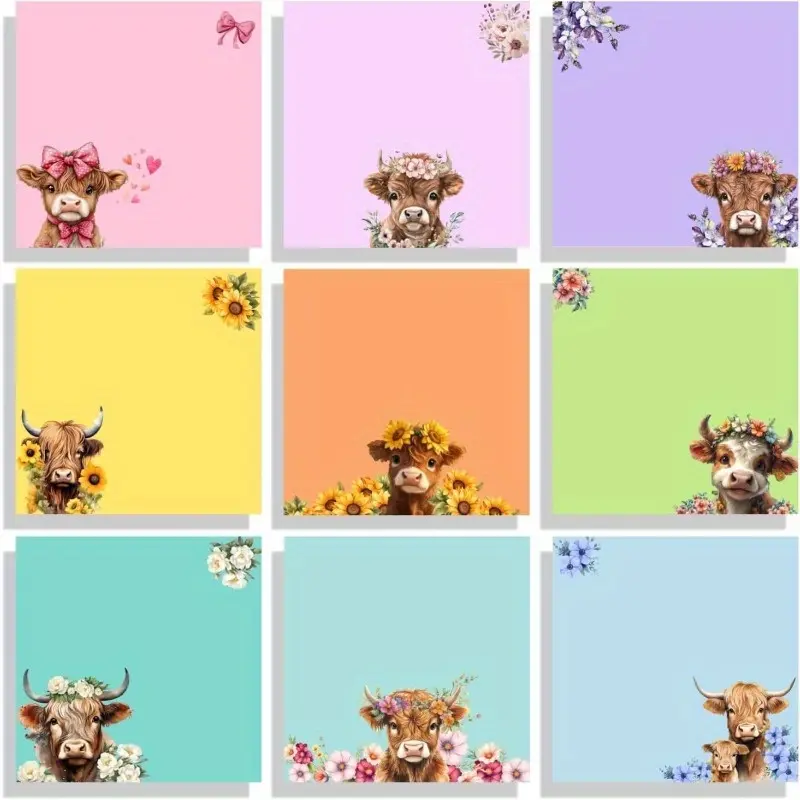 9Pcs Highland Cow Sticky Notes Set Charming self-adhesive memo pads, Sticker Cards Super-strong adhesive memo cards Office decoration gift Student, teacher and school supplies Office Stickers 7.62 x 7.62 cm
