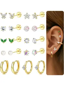 Gold Flat Back Earrings for Women, Earrings Jewelry, Hypoallergenic Surgical Stainless Steel Earrings for Sensitive Ears Cartilage Earring Sets for Multiple Piercing Flatback Earrings Studs Small Hoop Earring Stack