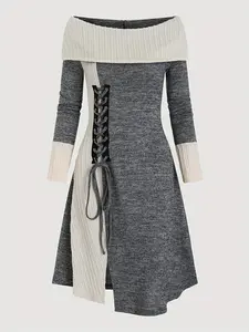 Women's Colorblock Lace Up Off Shoulder Dress, Casual Grommet Eyelet Long Sleeve A Line Dress for Fall & Winter, Women's Clothing for Daily Wear