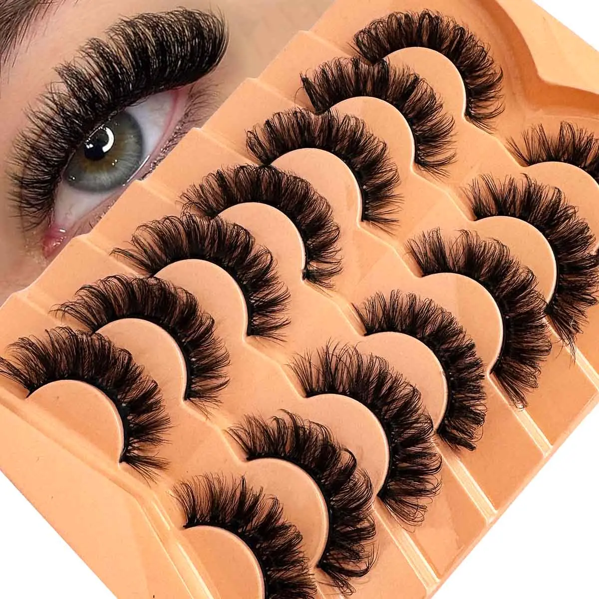 UMIRYAO 7 pairs of classic Russian cat eye mink false eyelashes, natural DD curly fluffy false eyelashes, cross shaped dramatic curly false mink eyelash extensions, handmade to create a natural appearance
