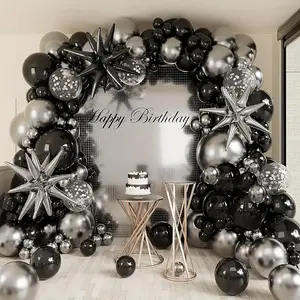 112pcs Black Metallic Silver Latex Balloons Garland Arch Kit for Soccer Birthday Wedding Anniversary Celebration Party Outdoor Indoor Background Home Bar Decor Supplies