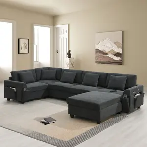 U Shaped 6 Seat Sectional Sofa with Oversized Ottoman, Chenille Fabric Couch Set with Hidden Storage Armrests, USB Charging Ports and Cup Holders, Wide Deep Seating for Apartment and Living Room, 2 Color Options