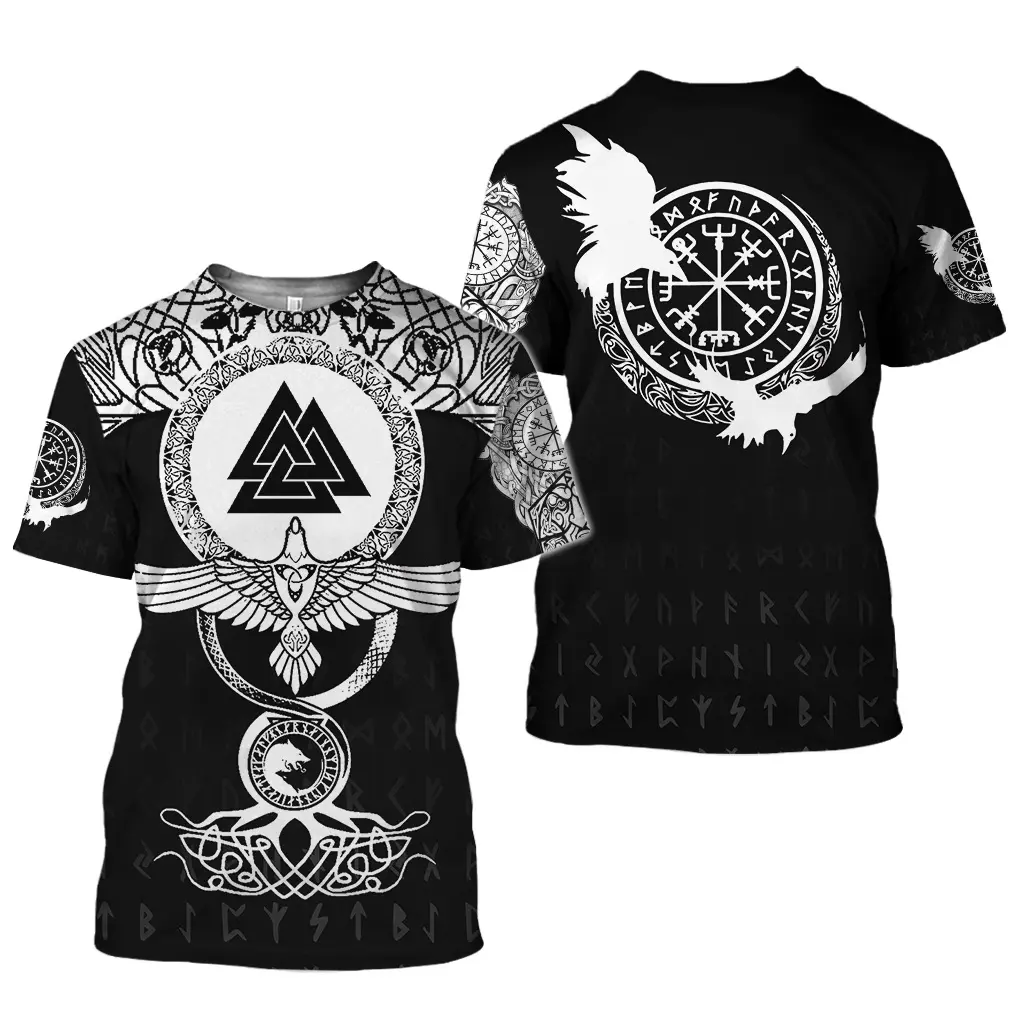 Men's Loose and Breathable Summer Top, Nordic Viking Symbol 3D Printed Short Sleeve T-Shirt, Raven Wolf Rune Graphic Crew Neck Casual Streetwear Tee