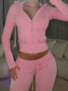 women's solid drawstring zip up  crop hooded jacket, casual long sleeve pocket  outerwear for fall & winter, ladies clothes for daily wear