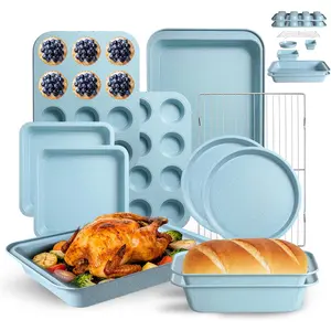 11-Piece Nonstick Baking Pans Set - Professional Grade Carbon Steel Bakeware with Premium Coating Dishwasher Safe Stackable Oven Safe to 450°F (Slight Blue)