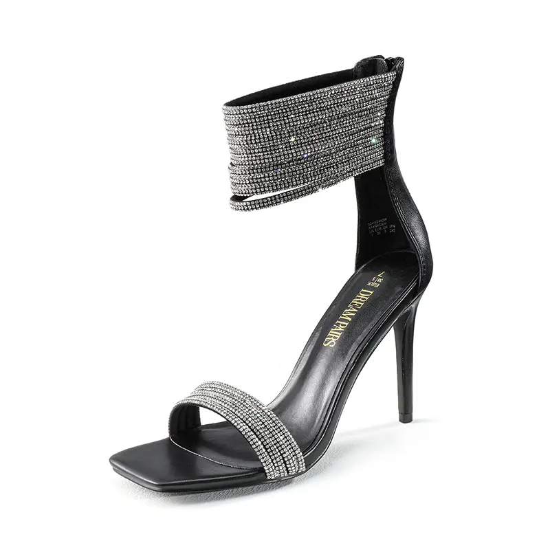 Dream Pairs Women's Strappy Stiletto Heeled Sandals with Sparkling Rhinestone Decor for Prom, Evening Parties & Formal Events, Square Toe, Footwear, Straps, Spacious Fit, Dense Stones, High Heel, Prom Sandals, Rhinestones, Bedazzled Women's Sandals
