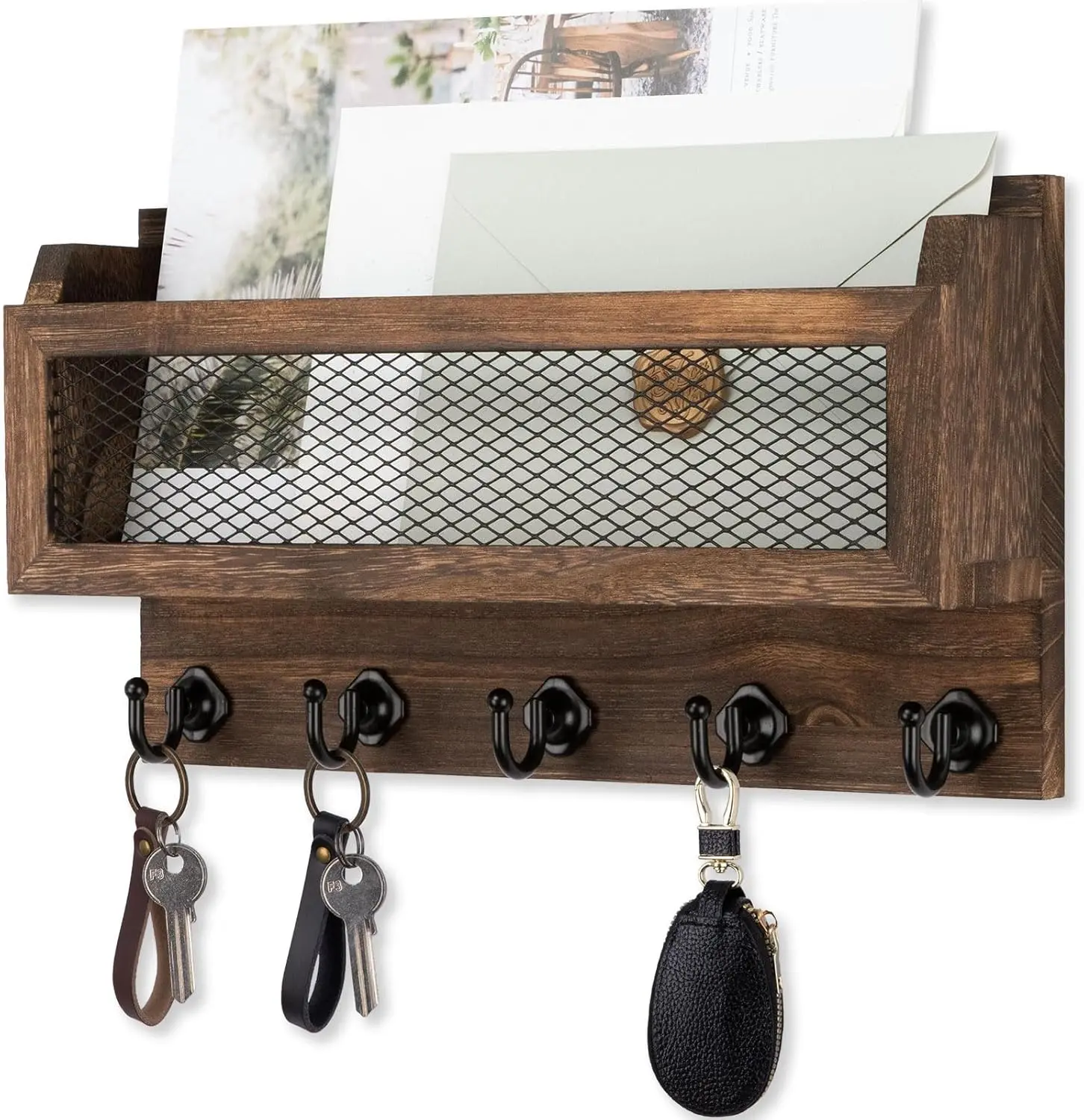 Mail and Key Holder for Wall Decorative, 11 Inch Wooden Wall Key Organizer with 5 Key Hooks, Wall Mount Storage Shelf for Entryway Hallway (Brown)