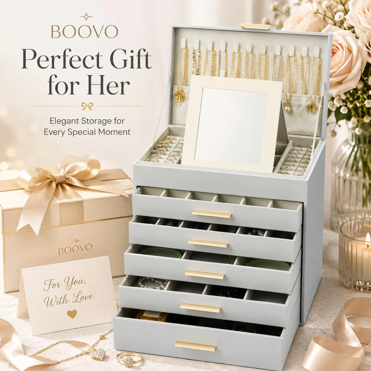 BOOVO （Grey） 6-Tier Large Jewelry Organizer Box with Mirror - White Leather Multi-Compartment Storage Case for Rings, Earrings, Necklaces - Ideal Wedding Bridesmaid, Girlfriend Birthday Gift for Women