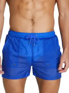 Men's Sporty Shorts with Fluorescent Color Block Mesh Fabric, Semi-Transparent Quick-Dry Breathable Design, Ideal for Beach & Vacation