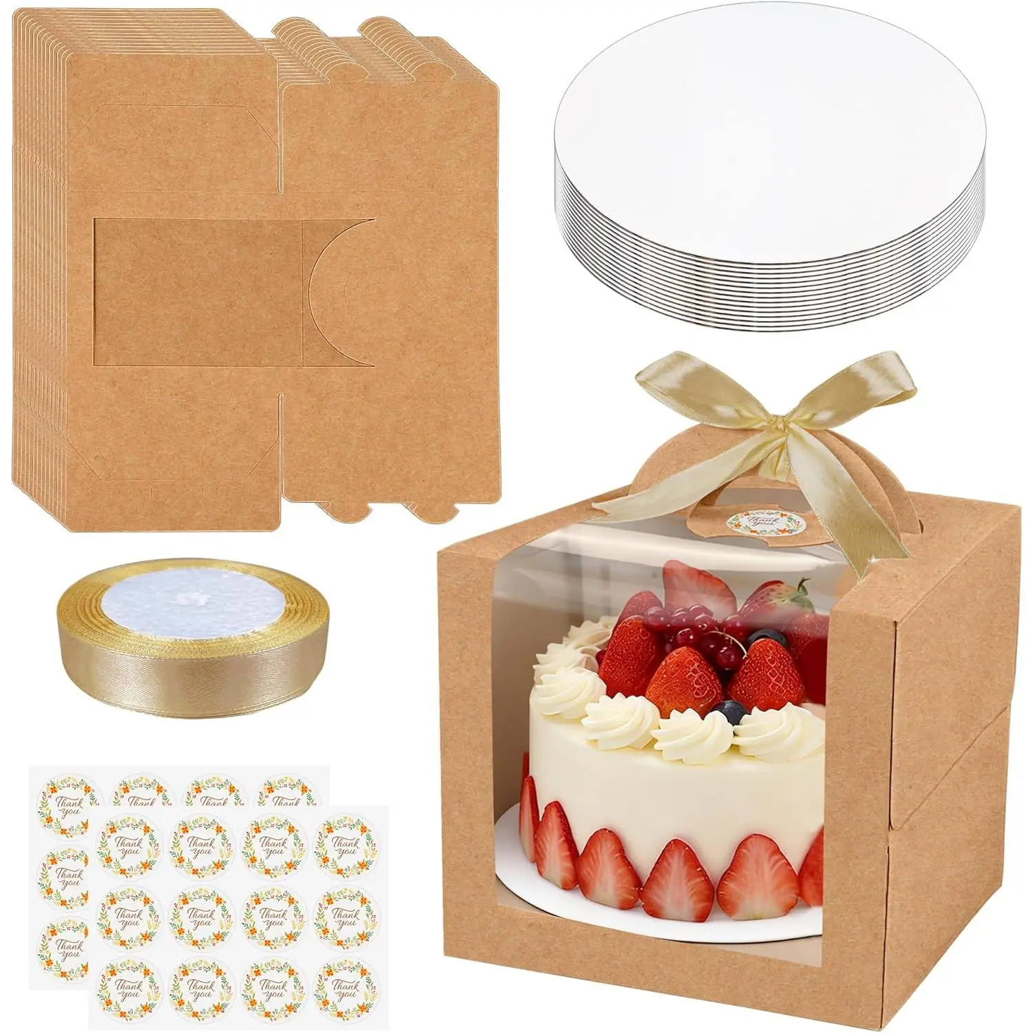 15PCS Brown 6x6x6 Inch Cake Boxes with Window Handle Boxes 6 Inch with Cake Boards for Gift Giving Elegant Paper with Ribbon Stickers for Weddings Birthday