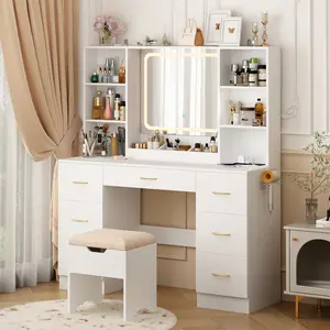 47'' Large Vanity Desk with Mirror and Lights, LED White Vanity Set with Stool and Power Outlet, Lighted Make up Vanity Desk with Drawers and 3 Lighting Modes for Women, Girls