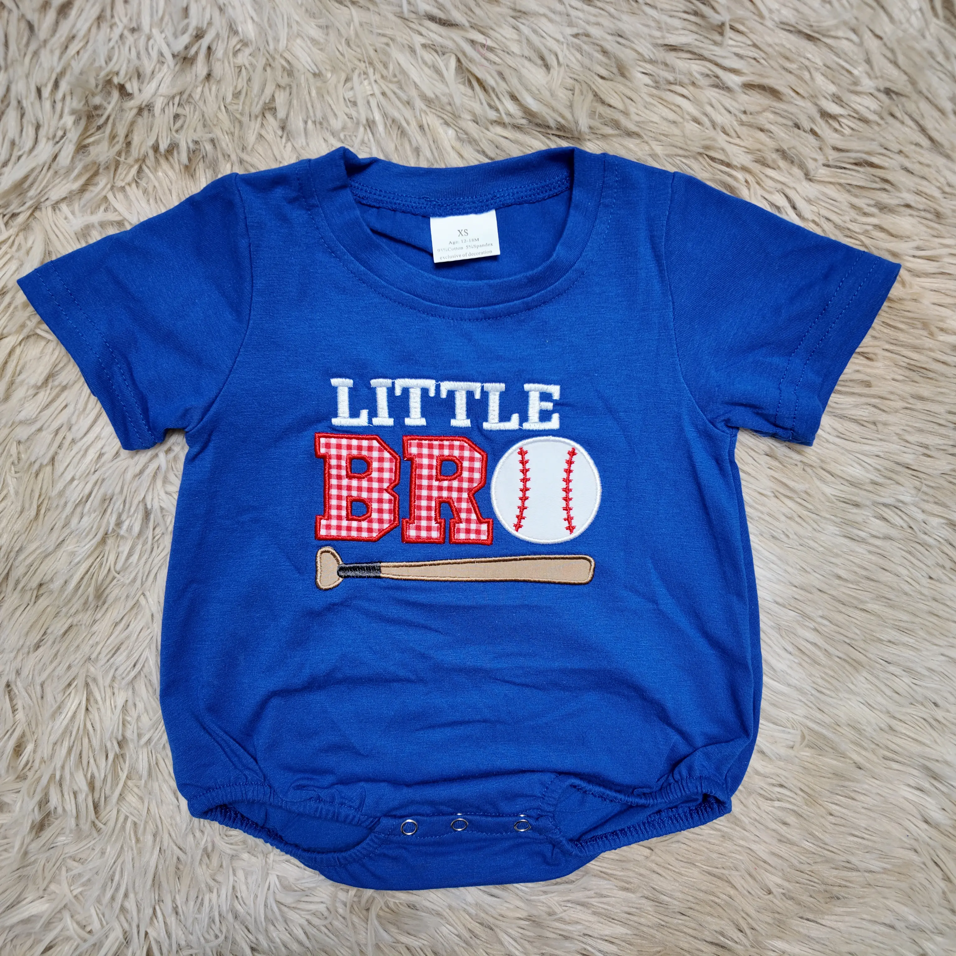 Baby Boy Cotton Bubble Romper - Short-Sleeve, Blue, Little Bro Baseball Embroidery, Baby Bodysuit Clothing, Bodysuit Outfit, Clothes, Crew Neck