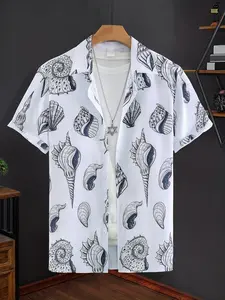 Men's White & Black Seashell Print Casual Button-Down Shirt - Short Sleeve Lapel Collar, Lightweight Breathable Fabric, Tropical Vacation Style, Ideal for Beach Trips, Coastal Strolls, Summer Hangouts & Casual Outdoor Activities, Casual Shirts