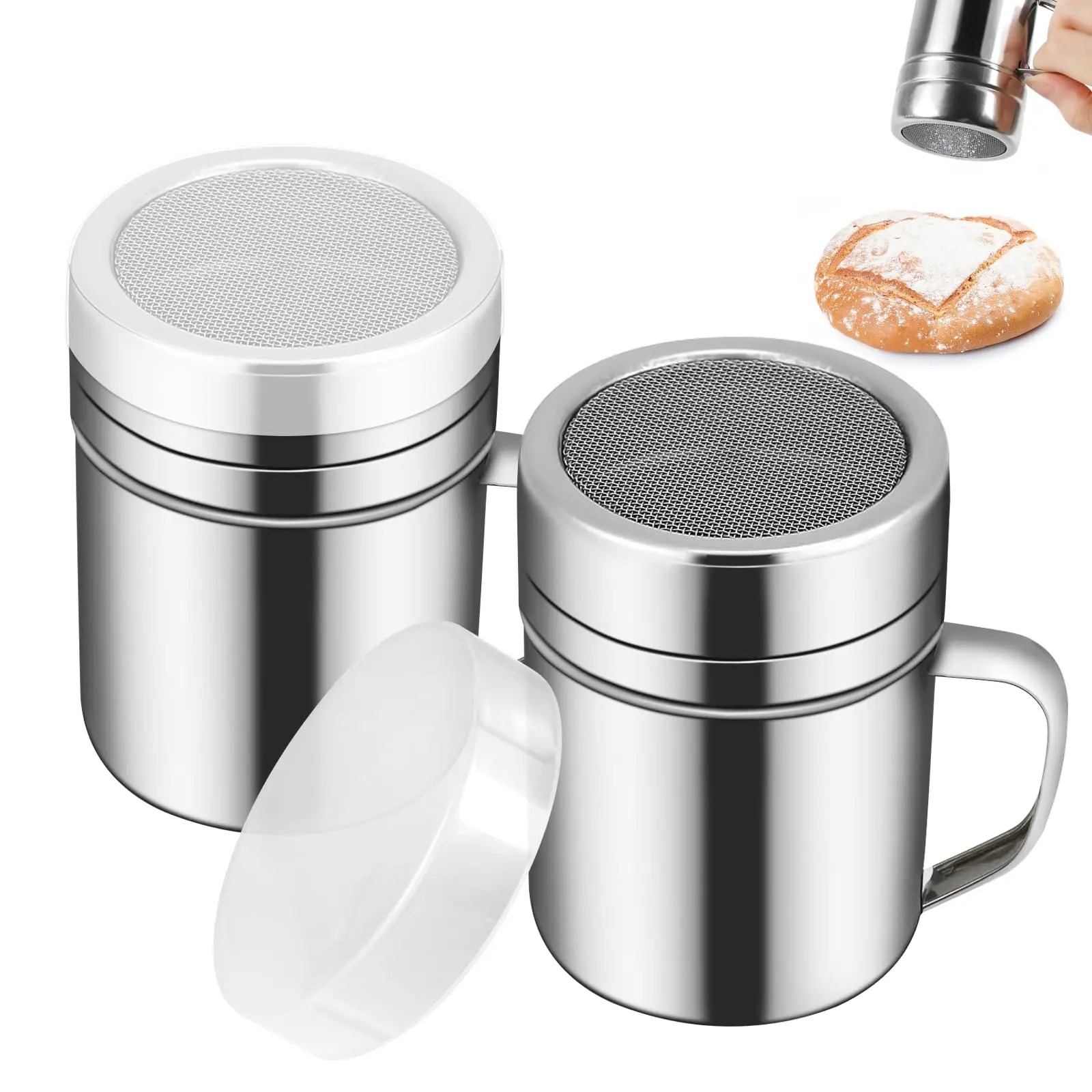 2 Pcs Powdered Sugar Shaker Duster with Handle, Stainless Steel Fine Mesh Shaker Powder Cans with Plastic Lid, Sifter Dredge Shaker for Powder Sugar Cinnamon Cocoa Pepper Coffee Flour Salt (10oz)