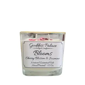Blooms- Luxurious and Relaxing Floral Candle Infused with Jasmine and Cherry Blossom Essential Oils, Gold Rim Glass Jar 12 Oz, Natural Light Floral Aroma, Handcrafted Non-Toxic Candle, Ideal to Decorate any Space. Aroma Ornaments Freshener Flower Scented