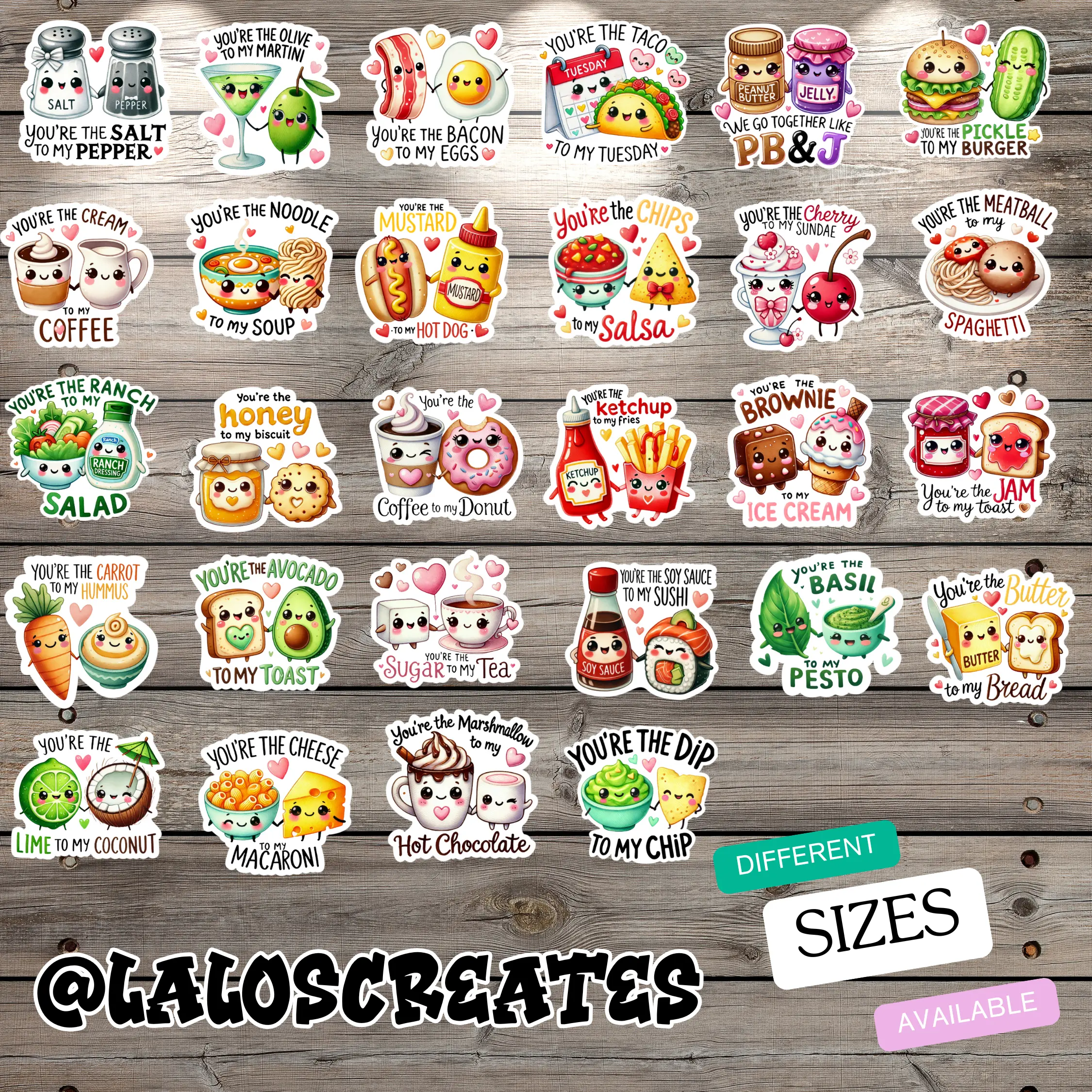 Cute Sticker Set of 28 Food Love Couple Stickers Weather Resistant Vinyl Decals