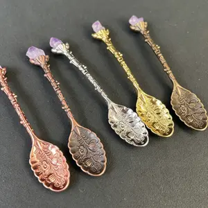 5 Pack Natural Amethyst Crystal Head Spoon, Antique Floral Engraved Zinc Alloy Tea Spoon, Retro Witchcraft Coffee Stir Spoon, Mini Dessert Spoon for Ice Cream, Tea Party Decor, Unique Gift for Women, Cutlery Tableware