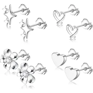 CASSIECA Stud Earrings Stack for Women Sterling Silver Post Earrings Stack for Sensitive Ears Hypoallergenic Dainty Simple Flower Star Heart Stud Earrings Stack for Women Pierced Earrings Stack Jewelry Gifts, Earrings Set Earrings SummerVibes