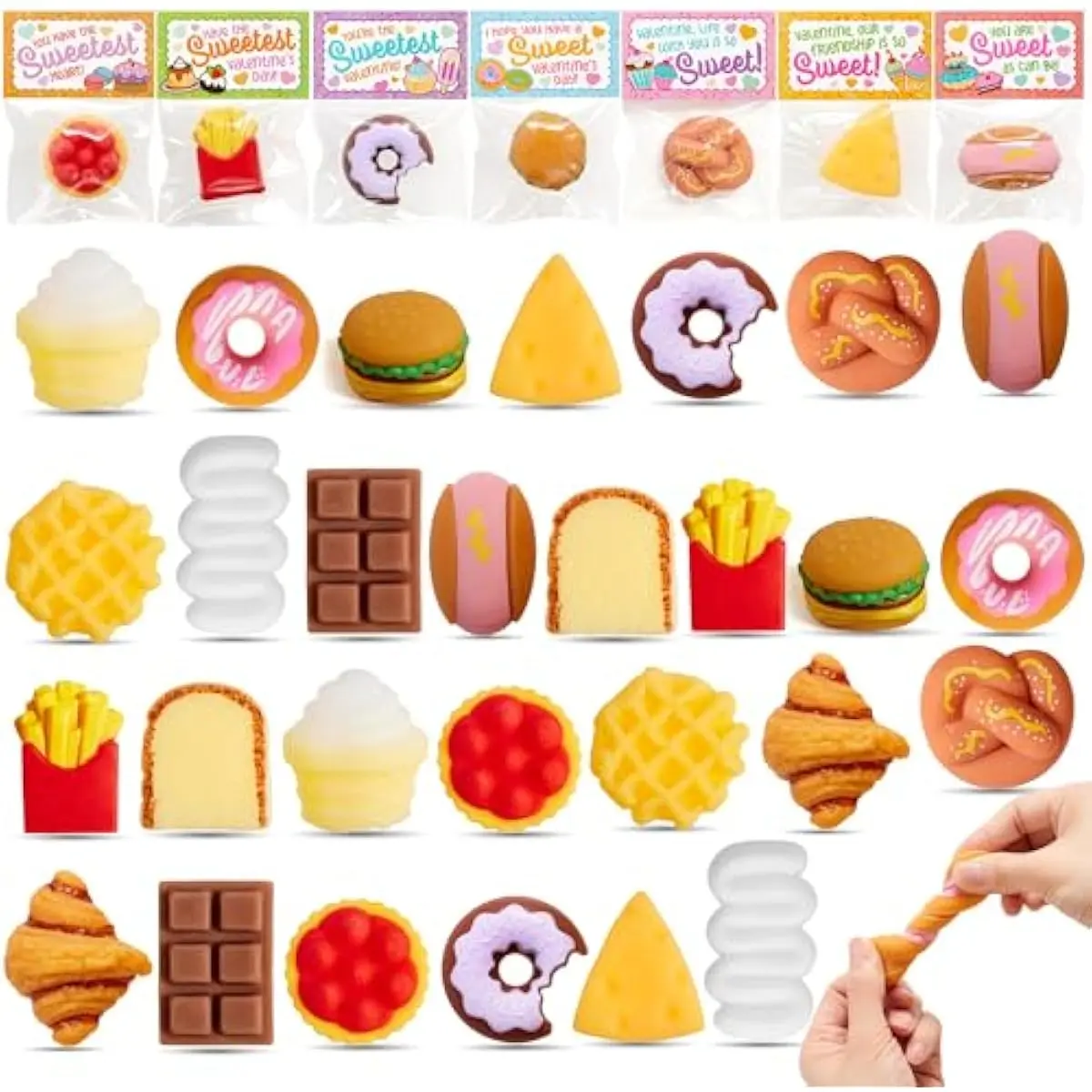 28 PCS Valentines Day Dessert Mochi Squishy Toy with Card, Prefilled 14 Design Kawaii Food Stress Relief Squeeze Fidget Toy for Kid Valentine Party Favor, Classroom Gift Exchange School Reward