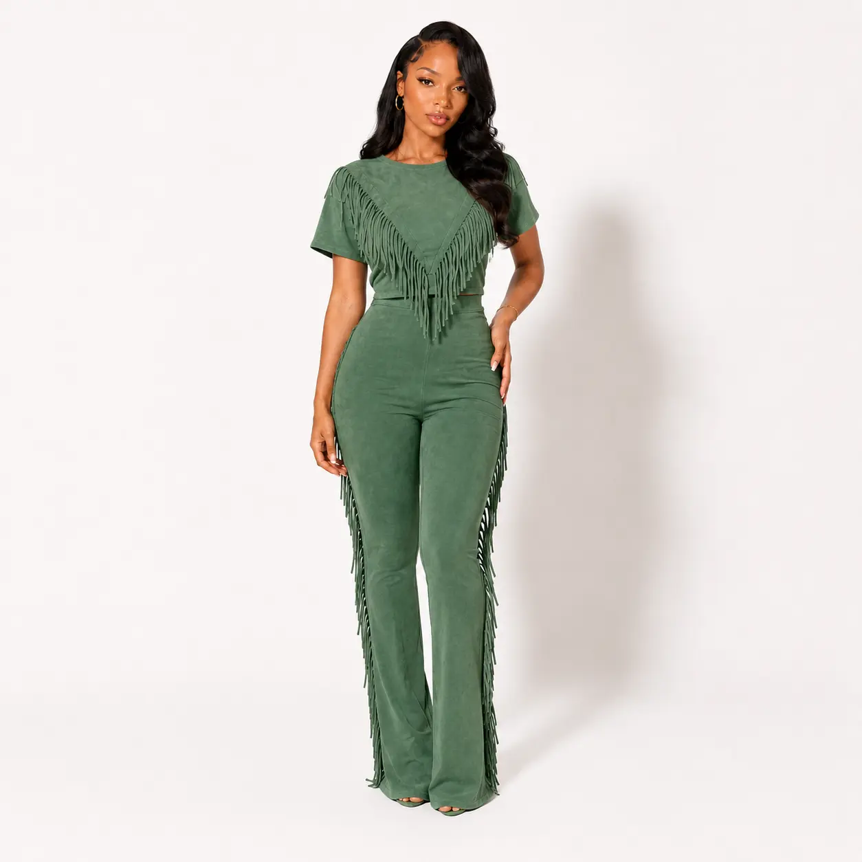MOTIONKILLER Women's 2-Piece Fitted Cut Knitting Casual Set - Round Neck, Short Sleeves, Chic Premium Fabric, Fringe Pants & Top, Womenswear Clothing Set, Women 2 Piece Sets Fashion