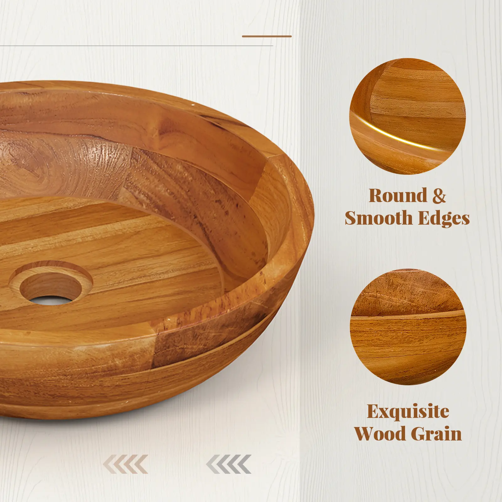 COSTWAY - 16 Inch Teak Wood Washbasin with Drainage Hole and Rounded Corners