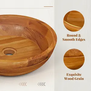 COSTWAY - 16 Inch Teak Wood Washbasin with Drainage Hole and Rounded Corners