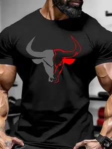 Men's Soft Short Sleeve Round Neck T-Shirt, Streetwear, Activewear, Bull Print, Comfortable Casual Wear, Daily Fashion, Top, Multiple Colors Available