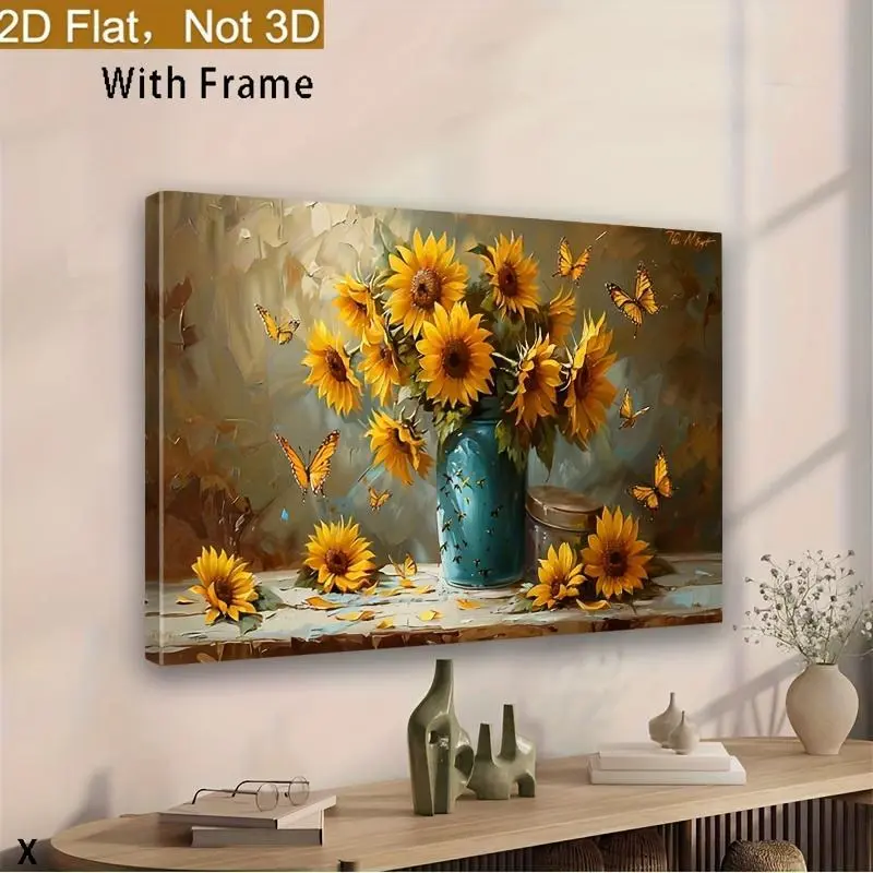 2D Flat Framed Sunflower Still Life Canvas Wall Art - Wood Frame, Vivid Colors Sunflowers, Blue Vase, Abstract Texture Background, Modern Vintage Home Supplies, Rectangular Indoor Decor, Ideal Housewarming Gift, Indoors