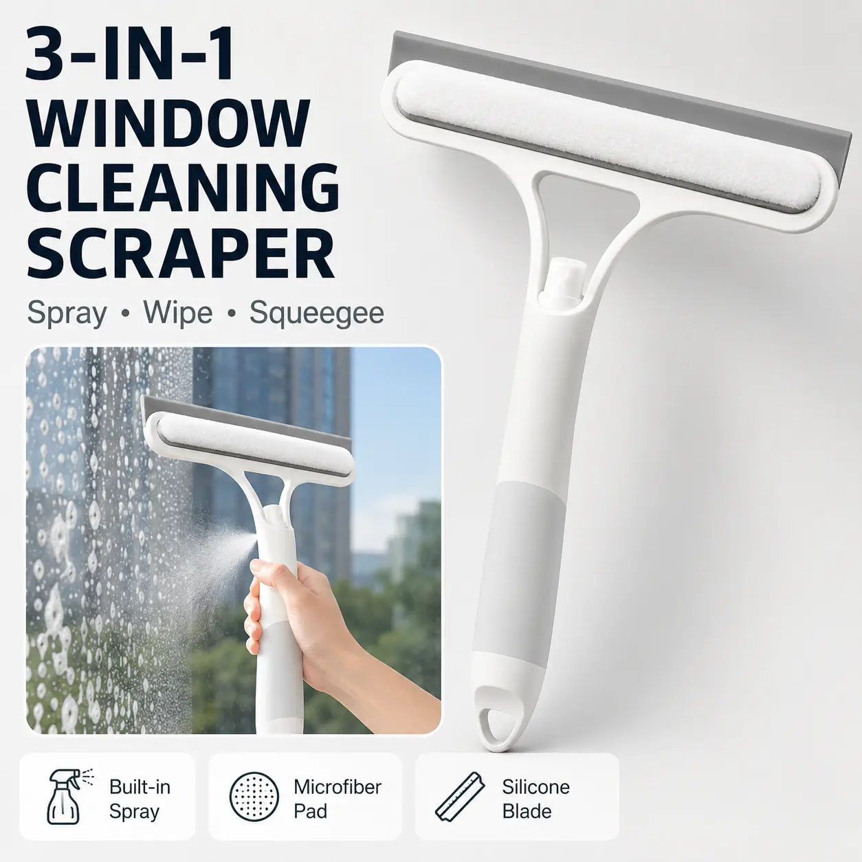 (2 PCS) 3 in 1 Window Cleaning Scraper, Squeegee and Scrubber with Spray, Multifunctional Household Cleaning Tool, Car Windshield Cleaner,Lightweight Silicone Microfiber Wipe - MM2
