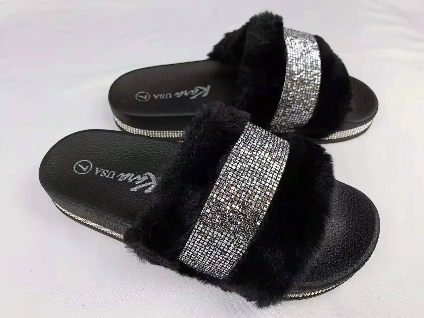 KARAUSA Women Shoes Fluffy Faux Fur with Silver Chain Slides Sandals for All Seasons Comfort Rhinestone Deco