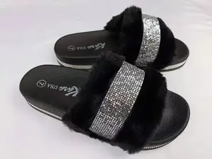 KARAUSA Women Shoes Fluffy Faux Fur with Silver Chain Slides Sandals for All Seasons Comfort Rhinestone Deco