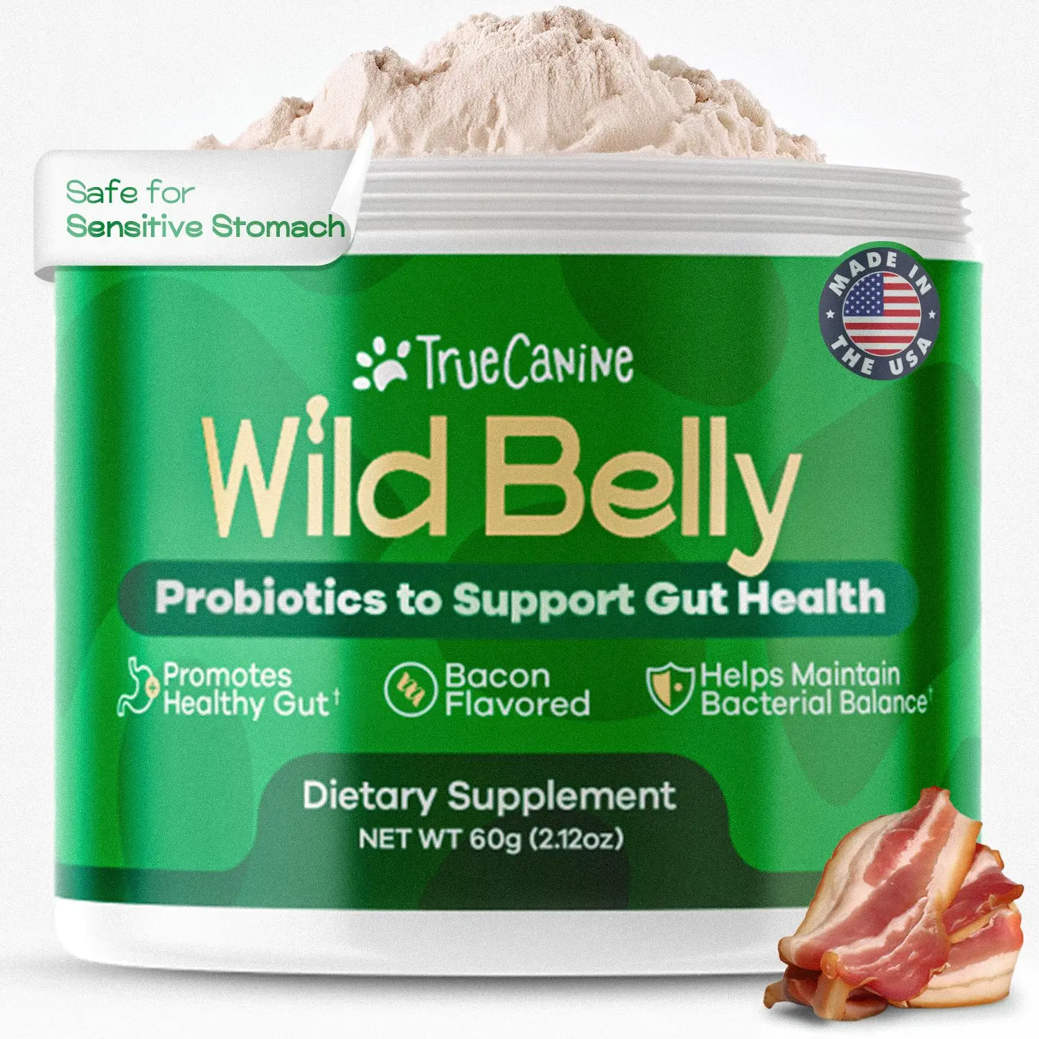 TRUECANINE Wild Belly Probiotics for Dogs – 8-Strain Formula for Joint Support, Mobility, Digestive Health & Skin Wellness – Natural Bacon Flavor