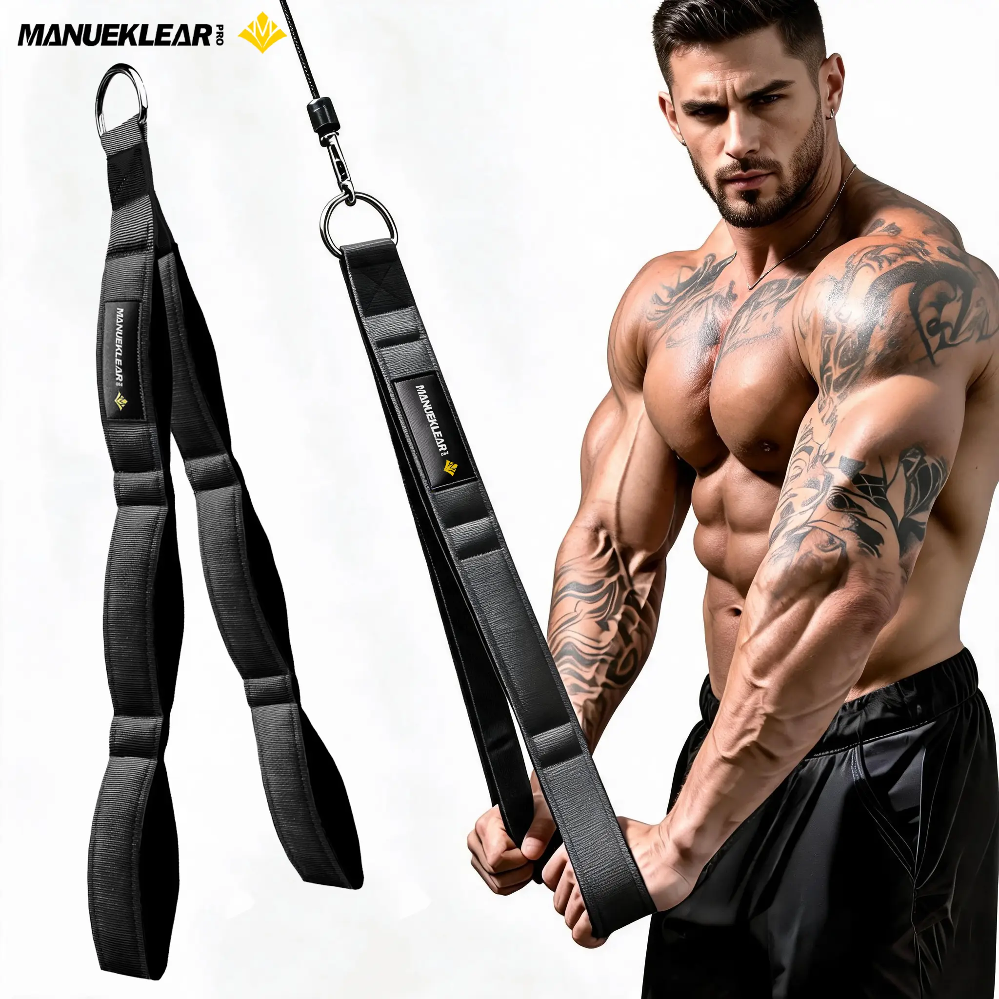 M MANUEKLEAR Tricep Rope Cable Attachment - Extra-Long Ergonomic Neoprene Grips, Secure Hold, Universal Home & Gym Fit, Heavy-Duty Ring for Greater Range of Motion, Functional Tricep Workouts Exercise Equipment with Manufacturer Warranty