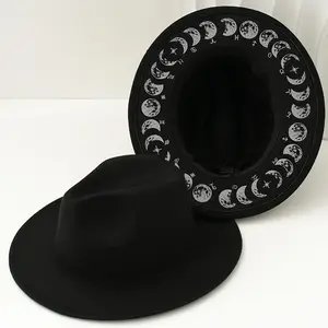 1pc Classic Elegant Black Felt Hat with White Moon & Star Band - Vintage Style, Lightweight Polyester, Non-Washable - Ideal for Daily Wear, Music Festivals, Outdoor Gatherings