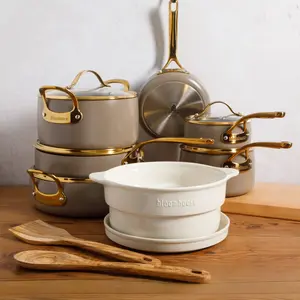 Bloomhouse 15 Piece Pots and Pans Heavy Duty Aluminum Premium PFA Free Ceramic Nonstick Dutch Oven Pot with Lid - Cappuccino Cream with Gold Handle