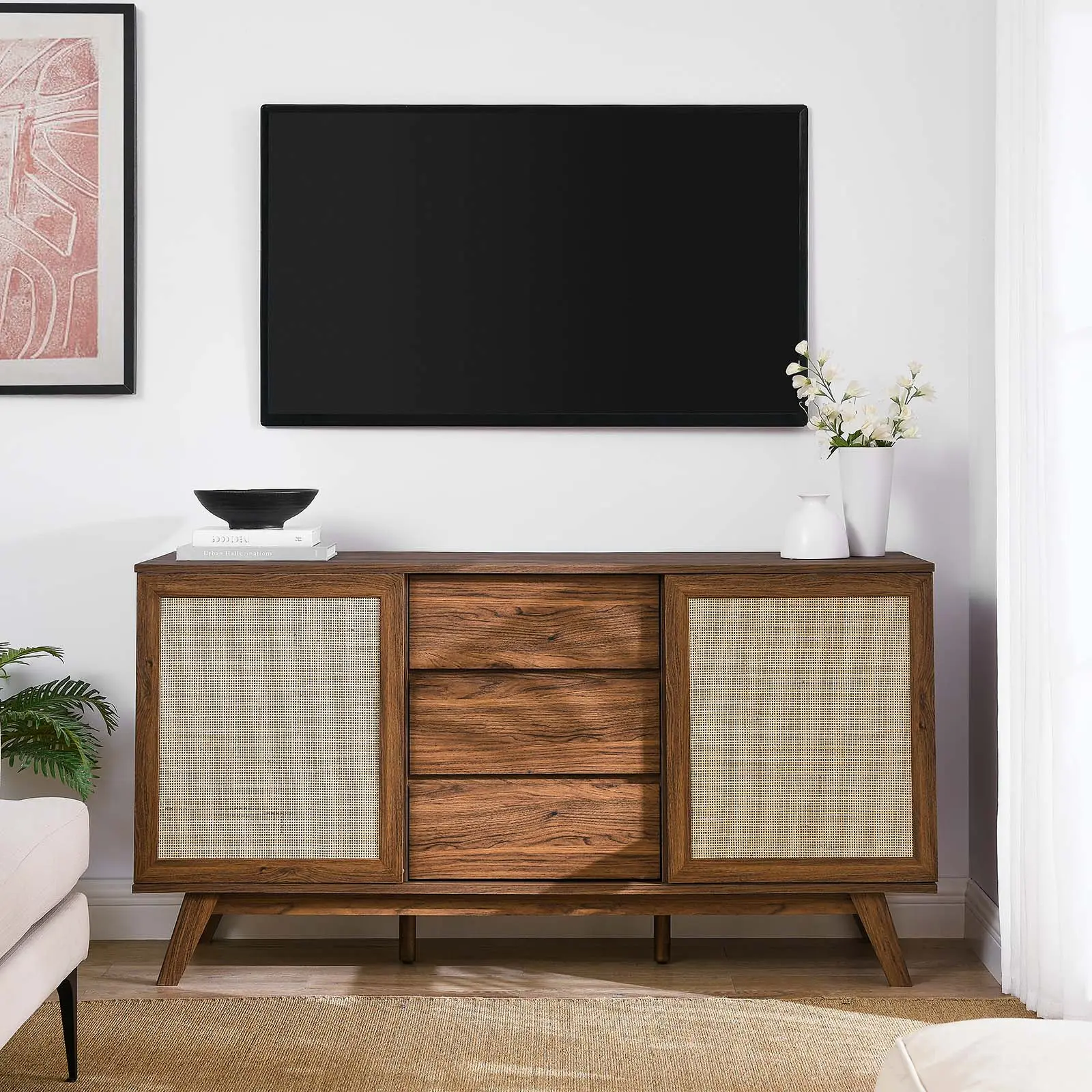 Modway Soma 59-Inch Modern Wood Sideboard - Storage Cabinet with Drawer, Rattan Weave, Open Shelving Units, High TV Stand, Walnut Finish for Living Room, Storage Cabinets, 59 Inches