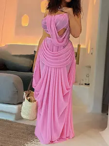 Two-Piece Women's Fashion Solid Color Mesh Patchwork Transparent Sexy Lace Top Skirt Set, Slim-Fitting High Waist Casual, Sleeveless Top