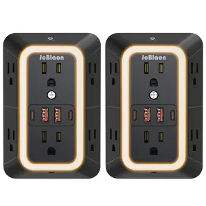 2 Pack Multifunctional Power Strip with Night Light, 6 AC Surge Protector Outlets and 4 USB Ports (2 USB C）,1050J Power Strip Multi Plug Adapter Power Socket Expander Spaced for Home Travel Office (Black）