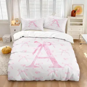 A-Z Letter Theme Duvet Cover Set, Includes One Duvet Cover and Pillowcases, Pink Bow Sweet Girl Style, Comfortable Soft Bedding, Simple Bedroom Decor or Gift for Female