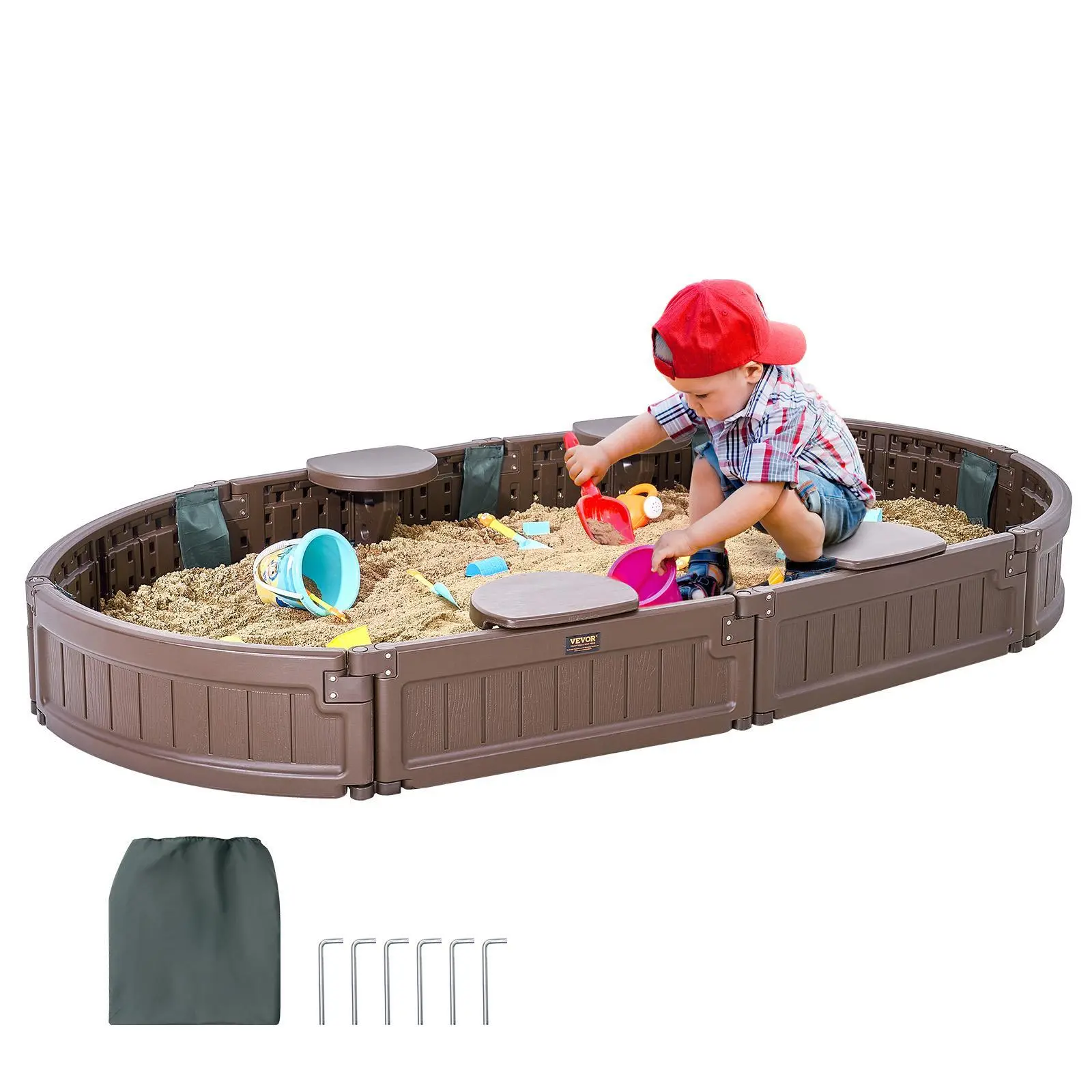 VEVOR HDPE Plastic Oval Sandbox with Oxford Cloth Cover, 72x41.5x9.1in Sand Pit with 4 Corner Seats, Bottom Liner & Ventilation, Outdoor Sports Park Toy Gift for 3-12 Yrs (3-4 Yrs Included), Brown, Yes#BackToSchool