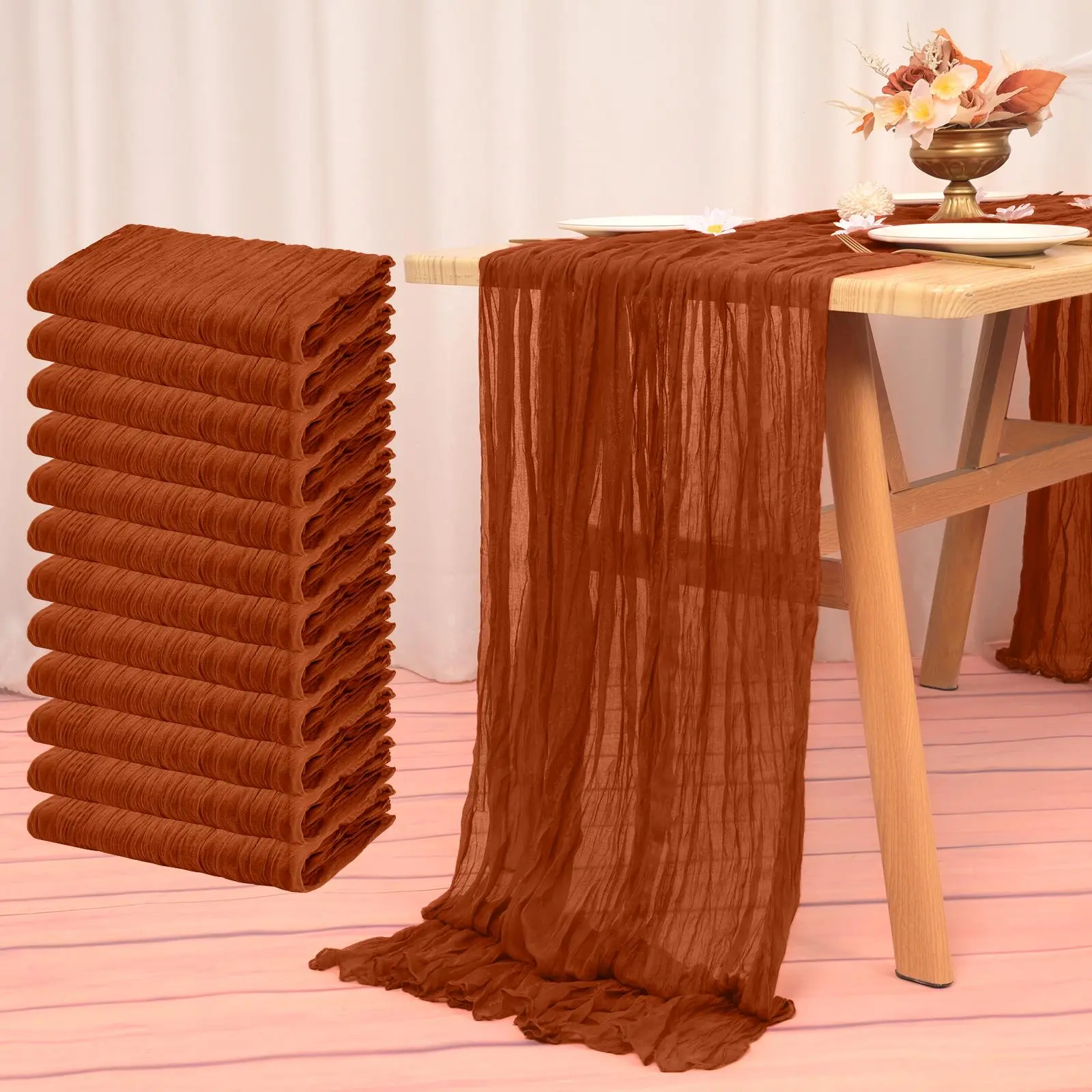 FANI 6/10/12/24 Pack Polyester Cheesecloth Table Runners, 35 x 120 Inch 10 Ft Extra Wide Boho Gauze Runners, Rustic Sheer Table Decor for Weddings, Bridal Showers, Baby Showers, Birthdays, Cake Tables and Wedding Arches