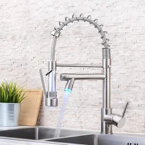 Commerical Kitchen Faucet with Sprayer, Single Handle Pull Down Sprayer Kitchen Sink Faucet with LED Light Two Spout
