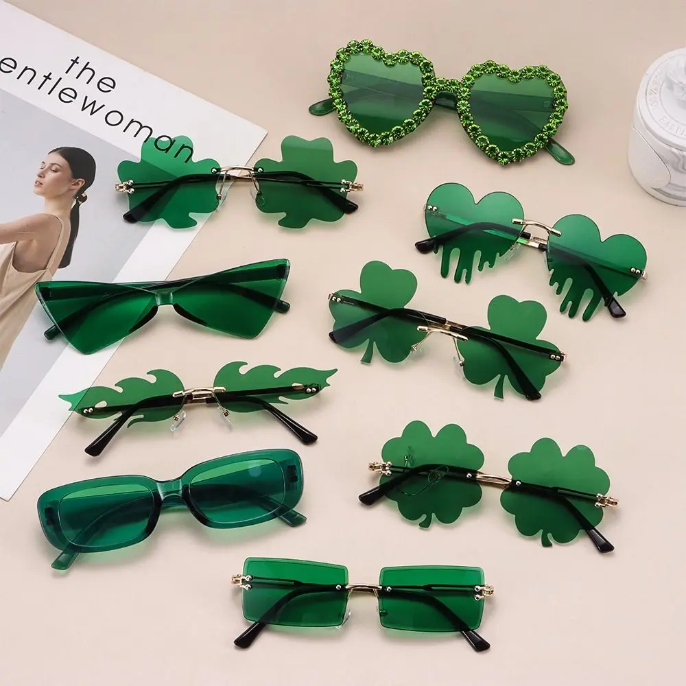 Rimless Women Men Leprechaun Costume Sunglasses St. Patrick's Day Green Four Leaf Clover Sun Glasses Irish Shamrock Eyewear
